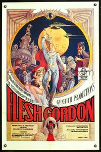 5x361 FLESH GORDON 1sh '74 sexy sci-fi spoof, wacky erotic super hero art by George Barr!