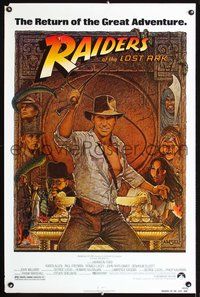 5x613 RAIDERS OF THE LOST ARK 1sh R82 great art of adventurer Harrison Ford by Richard Amsel!