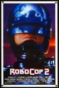 5x632 ROBOCOP 2 DS 1sh '90 super close up of cyborg policeman Peter Weller, sci-fi sequel!
