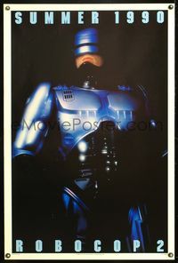 5x633 ROBOCOP 2 teaser DS 1sh '90 super close up of cyborg policeman Peter Weller, sci-fi sequel!