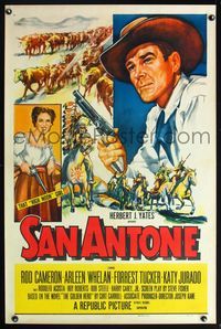 5x648 SAN ANTONE 1sh '53 artwork of cowboy Rod Cameron & Katy Jurado, both holding guns!