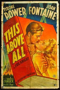 5x725 THIS ABOVE ALL style B 1sh '42 romantic close-up art of Tyrone Power & Joan Fontaine!