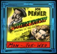5y066 GO CHASE YOURSELF glass slide '38 close up of Joe Penner & wacky Lucille Ball!