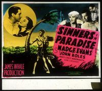 5y096 SINNERS IN PARADISE glass slide '38 James Whale, cool art of lovers on tropical island!