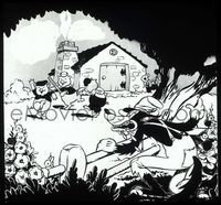 5y103 THREE LITTLE PIGS glass slide '33 Disney cartoon, image of the Big Bad Wolf spying on them!