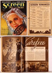 5y051 SCREEN ROMANCES magazine October 1938, art of Norma Shearer in cool veil w/mask by Christy!