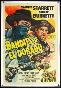 5z026 BANDITS OF EL DORADO linen 1sh '49 art of Charles Starrett as The Durango Kid + Smiley!