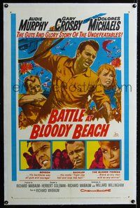 5z027 BATTLE AT BLOODY BEACH linen 1sh '61 Audie Murphy blazing and blasting the Pacific wide open!