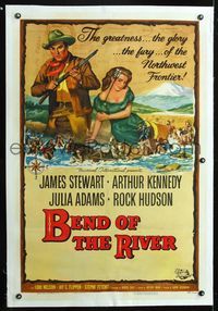 5z030 BEND OF THE RIVER linen 1sh '52 art of Jimmy Stewart & Julia Adams, directed by Anthony Mann!