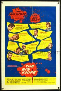 5z034 BIG KNIFE linen 1sh '55 Robert Aldrich, Jack Palance, Ida Lupino, Shelley Winters & more!