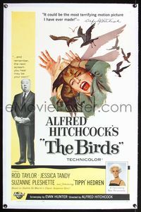 5z040 BIRDS linen 1sh '63 Alfred Hitchcock shown, art of Tippi Hedren attacked by birds!