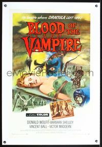 5z046 BLOOD OF THE VAMPIRE linen 1sh '58 begins where Dracula left off, art of monster & sexy girl!