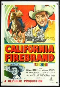 5z063 CALIFORNIA FIREBRAND linen 1sh '48 great close up art of Monte Hale + riding on horseback!