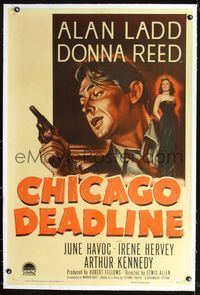 5z070 CHICAGO DEADLINE linen 1sh '49 cool image of Alan Ladd & full-length Donna Reed, film noir!