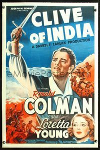 5z076 CLIVE OF INDIA linen int'l 1sh '35 stone litho of Ronald Colman with sword & Loretta Young!