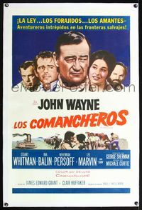 5z078 COMANCHEROS linen Spanish/U.S. 1sh '61 artwork of cowboy John Wayne, directed by Michael Curtiz!