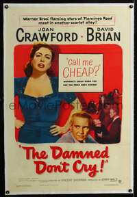 5z084 DAMNED DON'T CRY linen 1sh '50 bad girl Joan Crawford isn't cheap, she charges a high price!