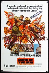 5z086 DARK OF THE SUN linen 1sh '68 artwork of Rod Taylor facing down mercenary with chainsaw!
