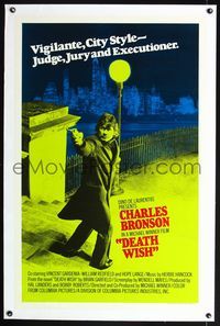 5z088 DEATH WISH linen int'l 1sh '74 vigilante Charles Bronson is the judge, jury, and executioner!