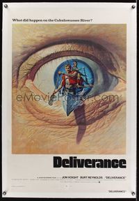 5z089 DELIVERANCE linen int'l 1sh '72 creepy art of top stars canoeing from eye, ultra rare!