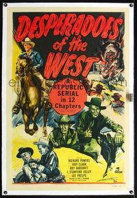 5z091 DESPERADOES OF THE WEST linen 1sh '50 cool action-packed cowboy western serial artwork!