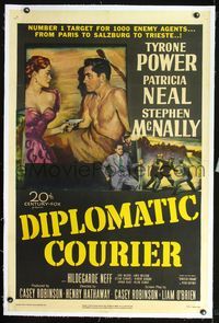 5z093 DIPLOMATIC COURIER linen 1sh '52 art of Patricia Neal pulling a gun on shirtless Tyrone Power!