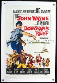 5z097 DONOVAN'S REEF linen 1sh '63 John Ford, great art of punching sailor John Wayne & Lee Marvin!