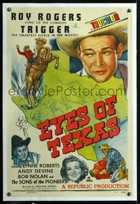 5z115 EYES OF TEXAS linen 1sh '48 art of Texas + Roy Rogers close up & riding on Trigger!