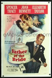 5z121 FATHER OF THE BRIDE linen 1sh '50 art of Liz Taylor in wedding gown & broke Spencer Tracy!