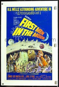 5z123 FIRST MEN IN THE MOON linen 1sh '64 Ray Harryhausen, H.G. Wells, great sci-fi artwork!