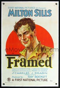 5z131 FRAMED linen style B 1sh '27 stone litho of battered French soldier Milton Sills!
