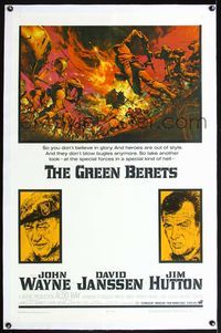 5z151 GREEN BERETS linen 1sh '68 John Wayne, David Janssen, Jim Hutton, cool Vietnam War art!