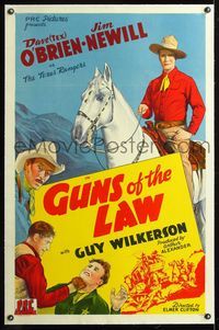 5z154 GUNS OF THE LAW linen 1sh '44 stone litho of Dave Tex O'Brien on horse, Texas Rangers!