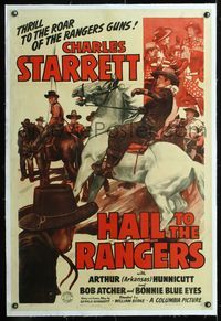 5z155 HAIL TO THE RANGERS linen 1sh '43 cool art of cowboy Charles Starrett on horseback in crowd!