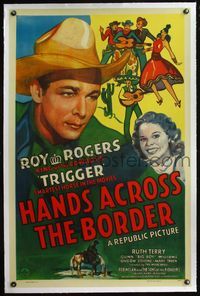 5z156 HANDS ACROSS THE BORDER linen 1sh '43 wonderful close up artwork of cowboy Roy Rogers!