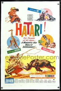 5z160 HATARI linen 1sh '62 Howard Hawks, great artwork images of John Wayne in Africa!