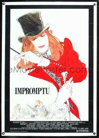 5z173 IMPROMPTU linen English 1sh '90 cool artwork of Judy Davis wearing top hat by Bob Peak!