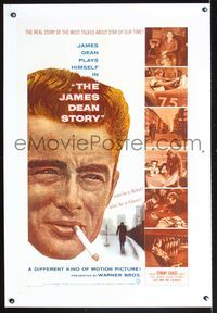 5z183 JAMES DEAN STORY linen 1sh '57 cool close up smoking artwork, was he a Rebel or a Giant?