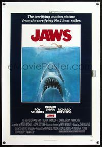 5z184 JAWS linen int'l 1sh '75 art of Spielberg's classic man-eating shark attacking sexy swimmer!