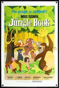 5z189 JUNGLE BOOK linen 1sh '67 Walt Disney cartoon classic, great image of all characters!