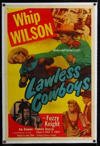 5z203 LAWLESS COWBOYS linen 1sh '51 great close up of Whip Wilson punching bad guy!