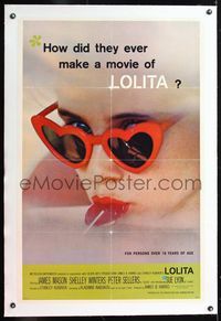 5z211 LOLITA linen 1sh '62 Stanley Kubrick, sexy Sue Lyon with heart sunglasses & lollipop!