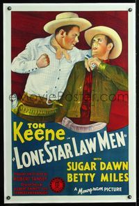 5z213 LONE STAR LAW MEN linen 1sh '41 cool stone litho of cowboy Tom Keene beating up bad guy!