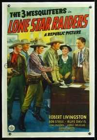 5z215 LONE STAR RAIDERS linen 1sh '40 cool stone litho of The Three Mesquiteers catching bad guy!