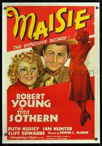 5z227 MAISIE linen style D 1sh '39 stone litho of explosive blonde Ann Sothern and Robert Young!