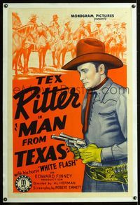 5z229 MAN FROM TEXAS linen 1sh '39 great stone litho of Tex Ritter pointing two guns!