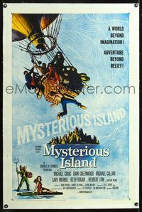 5z245 MYSTERIOUS ISLAND linen 1sh '61 Ray Harryhausen, Jules Verne sci-fi, cool hot-air balloon art!