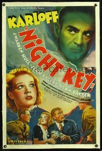 5z250 NIGHT KEY linen 1sh '37 artwork of top cast with spooky Boris Karloff looming overhead!