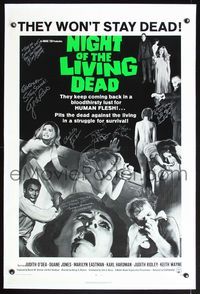5z001 NIGHT OF THE LIVING DEAD linen signed 1sh '68 by George Romero & six cast members!