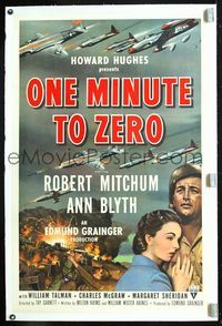 5z256 ONE MINUTE TO ZERO linen 1sh '52 art of Robert Mitchum, Ann Blyth & fighter jets,Howard Hughes